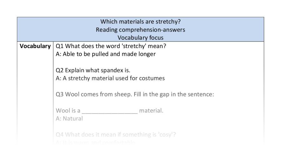 Reading comp-vocabulary-Which materials are stretchy - answers