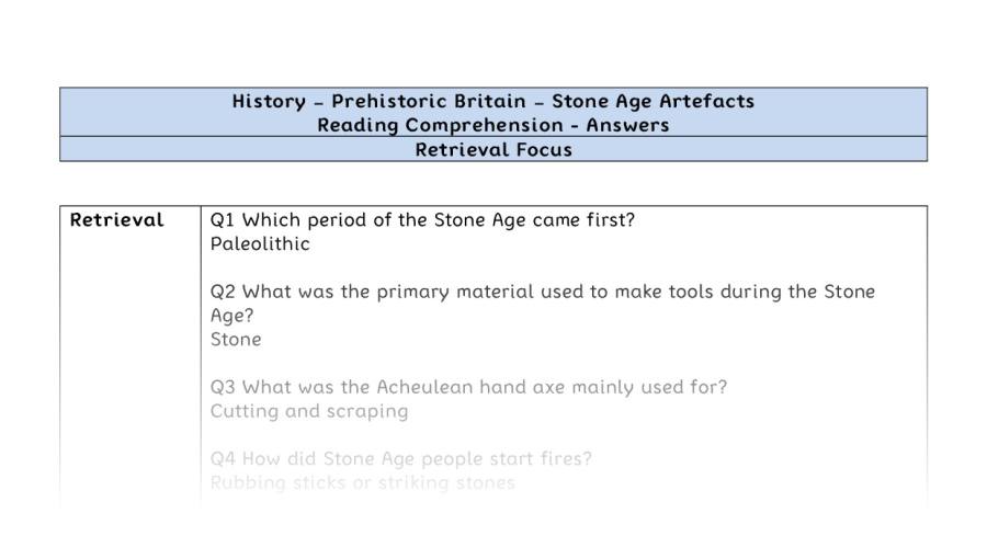 Reading Comprehension - Stone Age Artefacts - Retrieval Focus