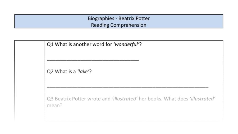 Reading Comprehension-Beatrix Potter-vocabulary