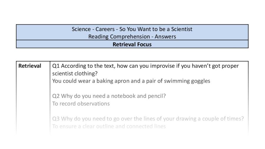 Reading Comprehension - So You Want to be a Scientist - UKS2 - Retrieval Focus