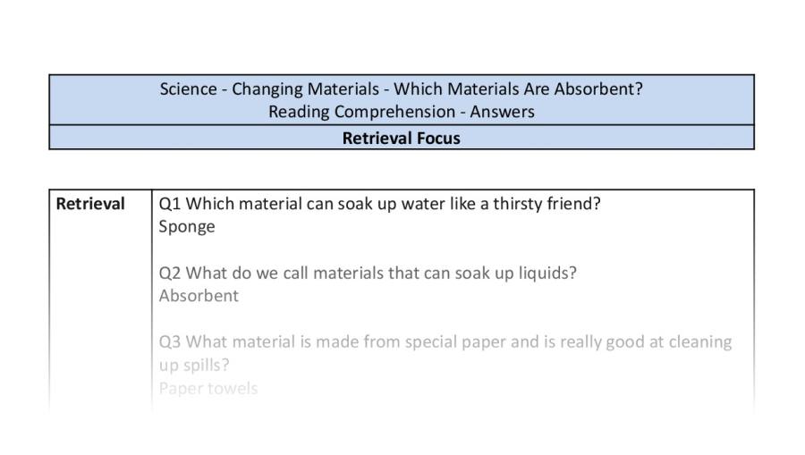 Reading Comprehension - Which Materials Are Absorbent - Retrieval Focus