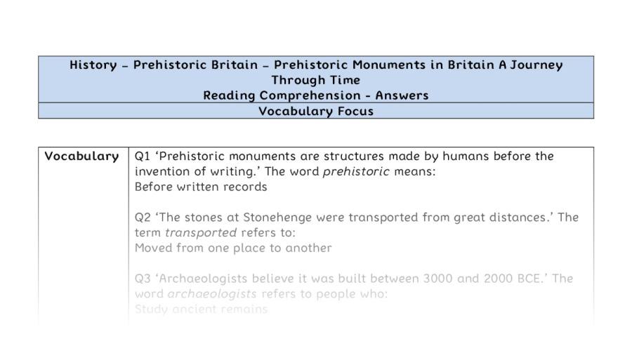 Reading Comprehension-Prehistoric Monuments in Britain-A Journey Through Time-vocabulary Focus-answers