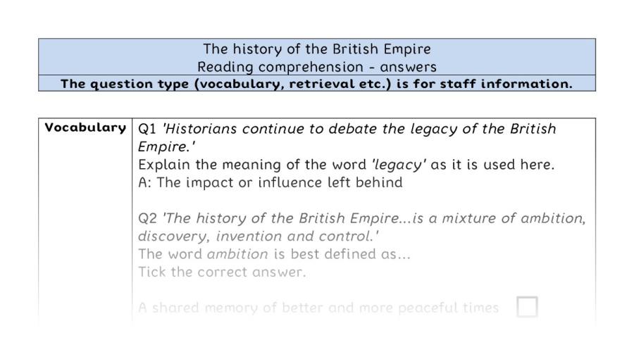 Reading comprehension - VRSIPE-The history of the British Empire - answers