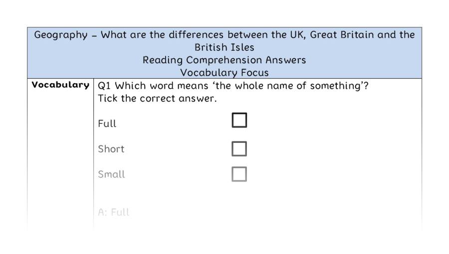 What are the differences between the UK, Great Britain and the British Isles - Reading Comprehension Answers - Vocabulary Focus