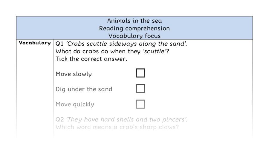 Reading comprehension - vocabulary - Animals in the sea