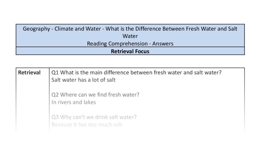 Reading comp - difference fresh and salt water - retrieval focus-answers