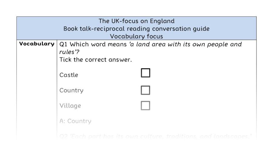 Reciprocal reading - vocabulary - The UK-focus on England
