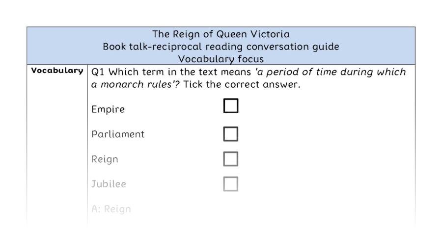 Reciprocal reading - vocabulary - The Reign of Queen Victoria