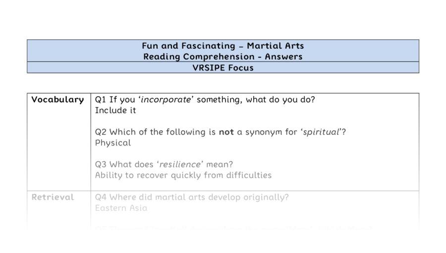 Reading Comprehension - Martial Arts - UKS2 - VRSIPE Focus