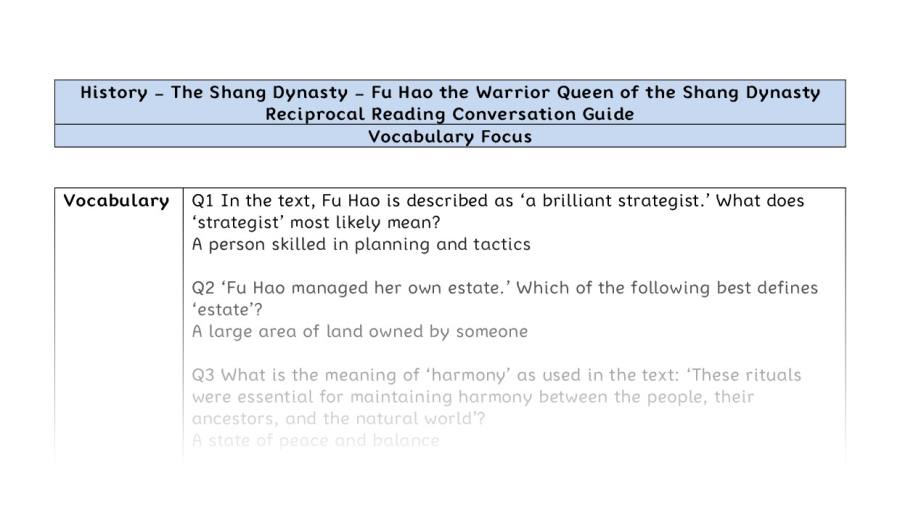 Reciprocal Reading Conversation - Fu Hao the Warrior Queen of the Shang Dynasty - Vocabulary Focus
