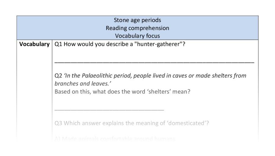 Reading comprehension - vocabulary - Stone age periods