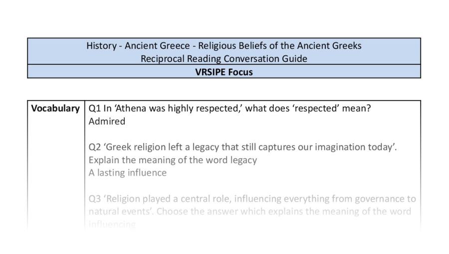Reciprocal Reading Conversation - Religious Beliefs of the Ancient Greeks - VRSIPE Focus