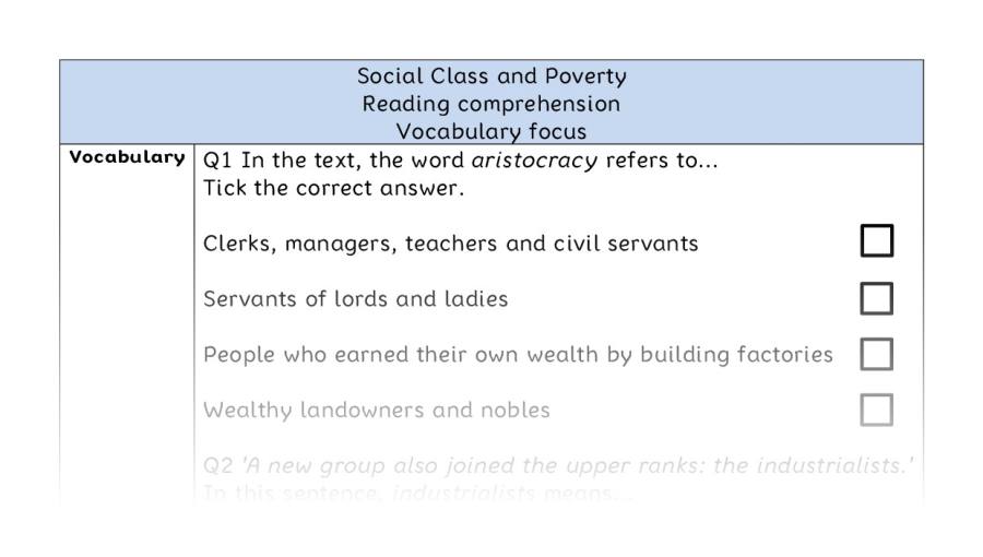 Reading comprehension - vocabulary - Social Class and Poverty