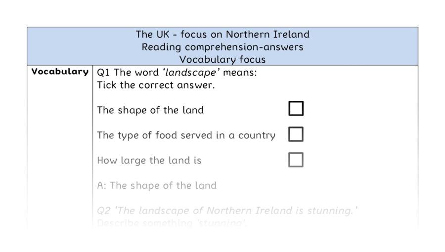 Reading comprehension - vocabulary - The UK - focus on Northern Ireland - answers