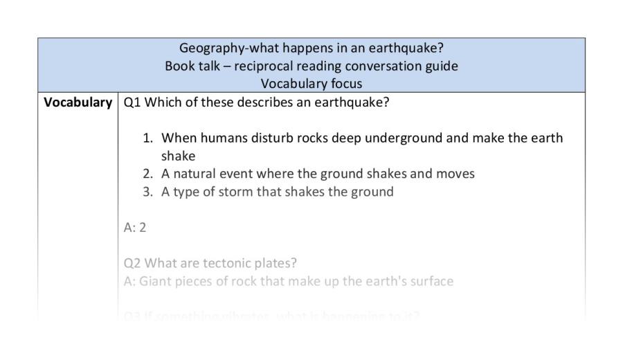 Reciprocal reading-vocabulary-what happens in an earthquake
