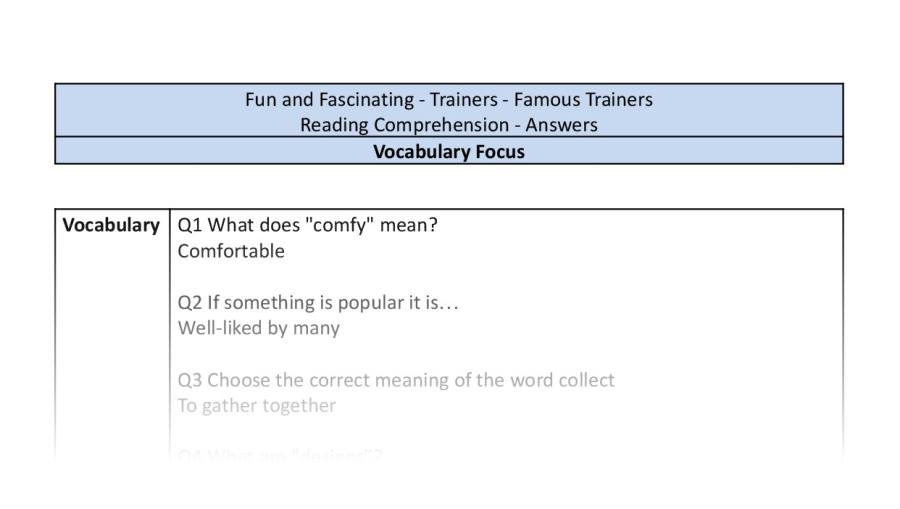 Reading Comprehension-vocabulary-Famous Trainers-answers