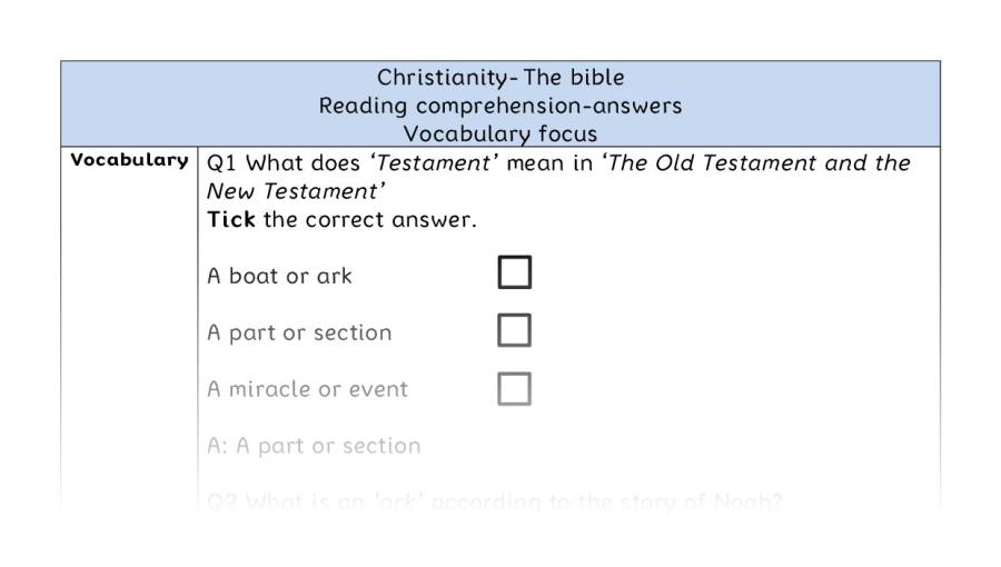 Reading comprehension - vocabulary - The bible - answers