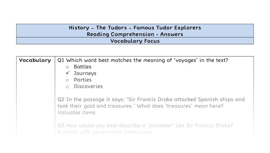 Reading comprehension - famous Tudor explorers - vocabulary-answers