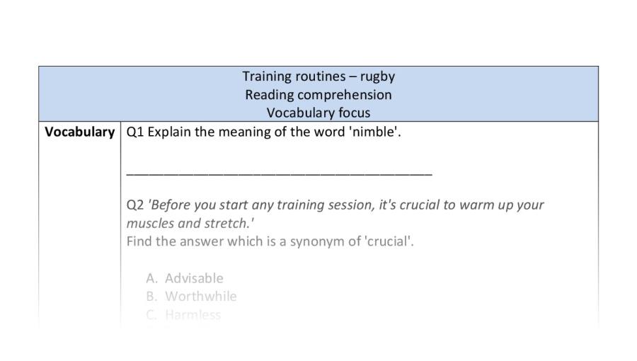 Reading comprehension - vocabulary - Training routines - rugby