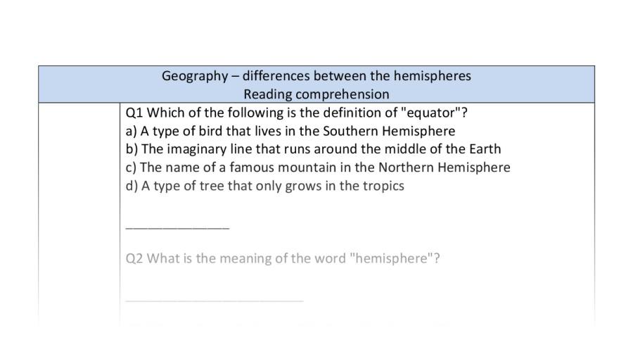 Reading comprehension - VRSIPE - geography - differences hemispheres