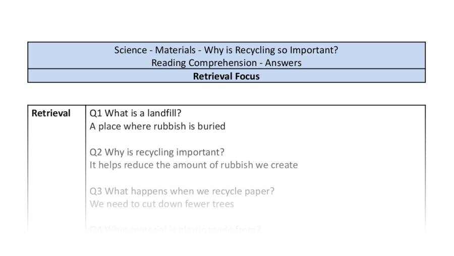 Reading Comprehension - Why is Recycling so Important - Retrieval Focus