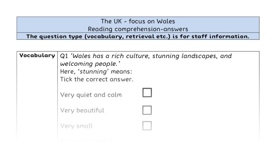 Reading comprehension - VRSIPE - The UK - focus on Wales - answers