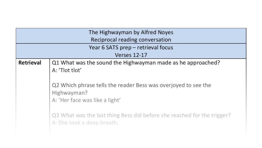 Retrieval skills focus reciprocal reading - The Highwayman - verses 12 to 17